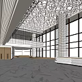 Elegant Hotel Lobby With Floor to Ceiling Windows Decorative Columns Intricate Ceiling and Textured Flooring