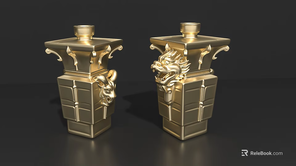 Golden Ornate Ceramic Vessels Featuring Dragon Carvings And Square Design 3d model 