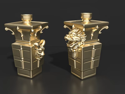 Golden Ornate Ceramic Vessels Featuring Dragon Carvings And Square Design 3d model