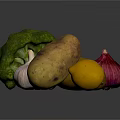 Fresh Assorted Vegetables Including Broccoli Potatoes Red Onions Garlic And Lemon On Dark Background