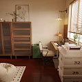 Cozy Home Study Room With Desk Lamp Laptop White Chair Green Cabinet And Window Blinds