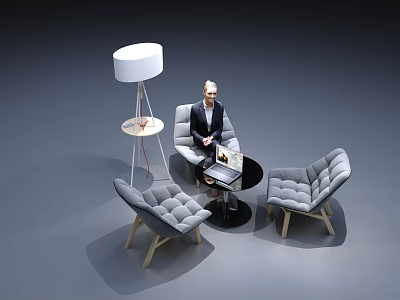 Casual Sofa Set with Grey Accent Chairs Wooden Legs Round Coffee Table and Floor Lamp 3d model