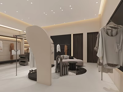 Modern Clothing Store Interior Featuring Stylish Racks Sofa Lighting And Fashion Displays 3d model