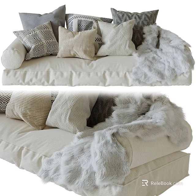 Cozy Two Seater Sofa With Decorative Pillows And Soft Furry Throw 3d model 