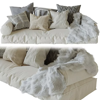 Cozy Two Seater Sofa With Decorative Pillows And Soft Furry Throw 3d model