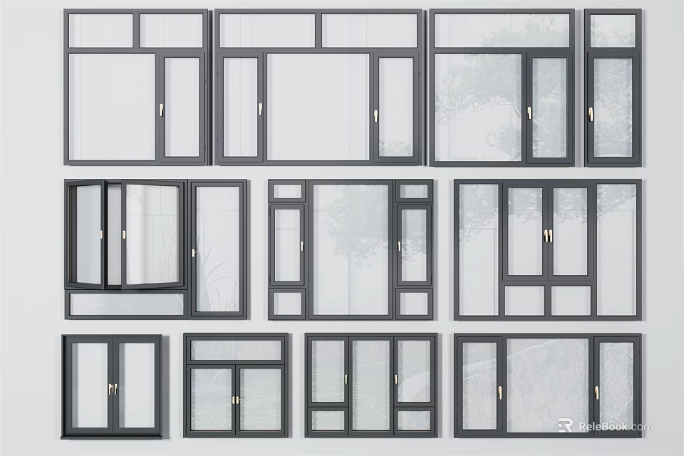 Multiple Casement Windows Designs With Black Frames Clear And Frosted Glass 3d model 