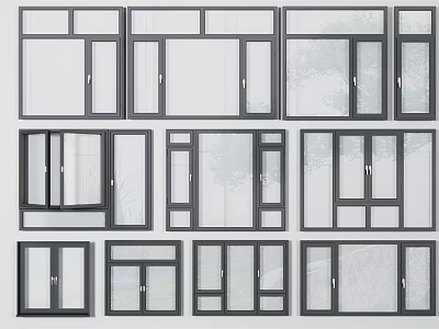 Multiple Casement Windows Designs With Black Frames Clear And Frosted Glass 3d model