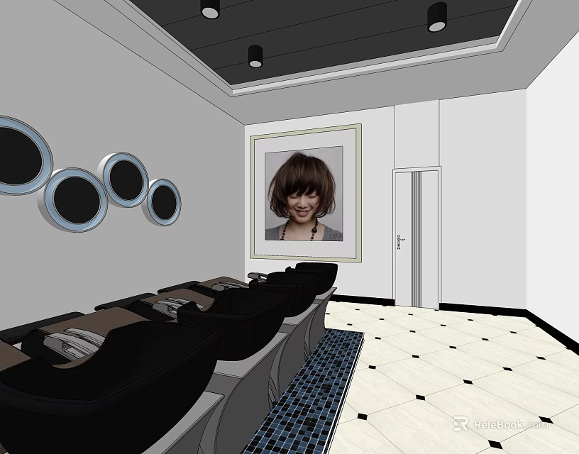Modern Hair Beauty Salon Interior Design With Black Chairs Circular Mirrors And Large Portrait 3d model 