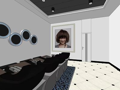Modern Hair Beauty Salon Interior Design With Black Chairs Circular Mirrors And Large Portrait 3d model