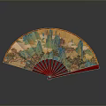 Traditional Chinese Folding Fan With Colorful Landscape Painting And Red Ribs