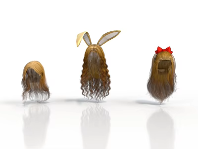 Three Decorative Wigs With Rabbit Ears Curly Hair And Red Bow Accents 3d model