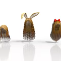 Three Decorative Wigs With Rabbit Ears Curly Hair And Red Bow Accents