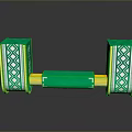 Decorative Green Boxes With White Gold Geometric Patterns And Central Cylinder On Black Reflective Surface