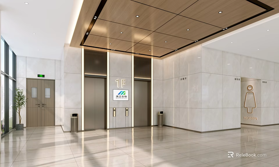 Modern Elevator Lobby Interior With Marble Walls And Wooden Ceiling 3d model
