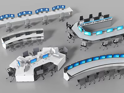 Modern Office Workstation Desk and Office Chairs with Multiple Monitors in Various Shapes 3d model