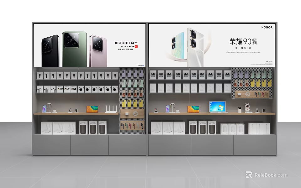 Modern Display Shelves Showcasing Honor 90 Series Phones and Accessories with Digital Screens 3d model 