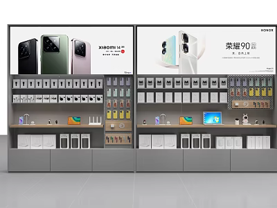 Modern Display Shelves Showcasing Honor 90 Series Phones and Accessories with Digital Screens 3d model