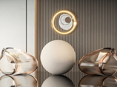 Modern Sculptures Featuring White Sphere And Transparent Forms Against Vertical Striped Wall With Circular Light 3d model