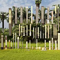 Various Styles of Illuminated Outdoor Lights in Night Grass with Trees
