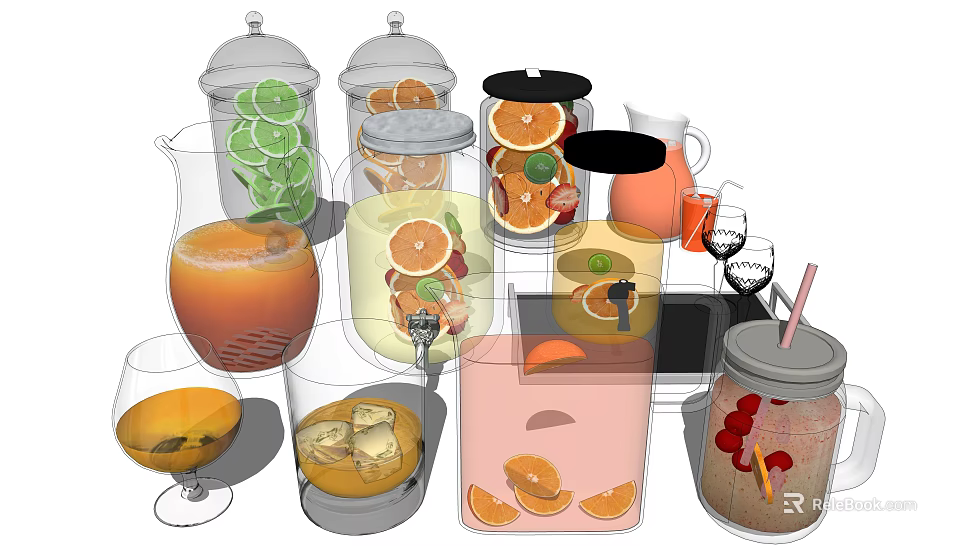 Fresh Fruit Infused Drinks With Lime Orange Slices Ice Cubes In Glass Jars And Pitchers 3d model 
