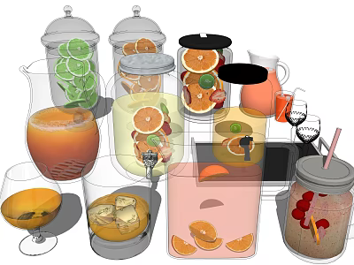 Fresh Fruit Infused Drinks With Lime Orange Slices Ice Cubes In Glass Jars And Pitchers 3d model