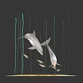 Playful Dolphins Interacting With Small Fish In Yellow Circular Area With Hanging Strings 3d model
