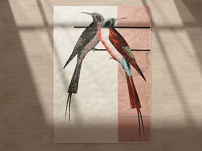 Square Carpet with Two Colorful Birds Long Tails Light Pink Background Wooden Floor 3d model
