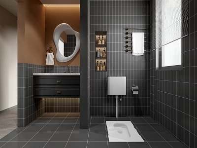 Modern Bathroom Interior With Black Tiles Round Mirror Wall Mounted Toilet Vanity And Warm Lighting 3d model