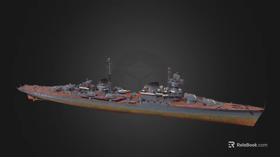 Detailed Warship With Gray Hull Orange Rust Bottom Deck Turrets And Masts 3d model 