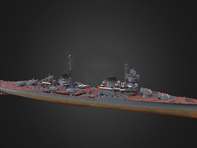 Detailed Warship With Gray Hull Orange Rust Bottom Deck Turrets And Masts 3d model