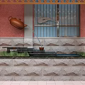 Outdoor Garden Ornament Featuring Teapot Water Flow Into Stone Basin And Grass