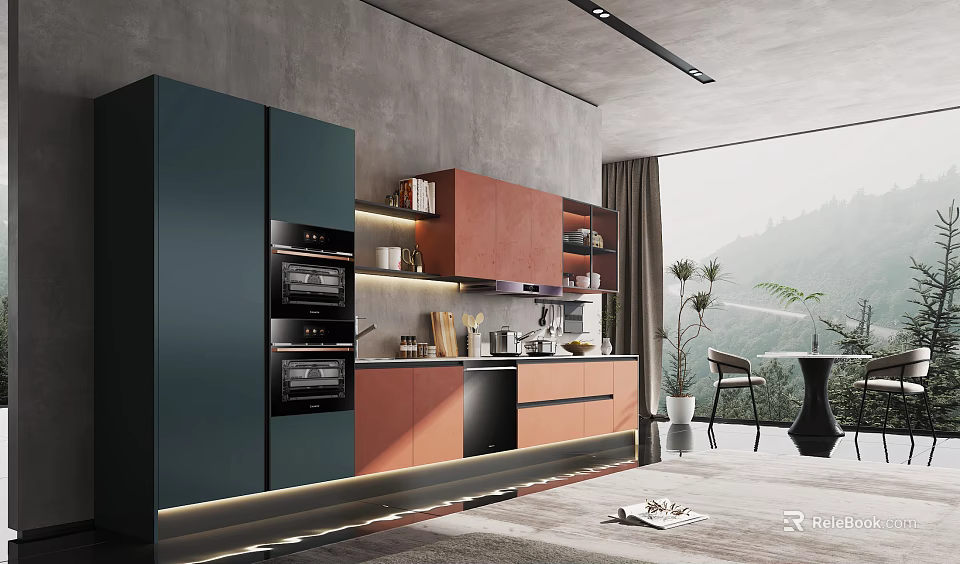 Modern Kitchen Interior With Green Orange Cabinets Built In Ovens And Mountain View 3d model 