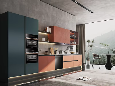 Modern Kitchen Interior With Green Orange Cabinets Built In Ovens And Mountain View 3d model