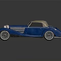 Classic Blue Convertible Car Featuring Vintage Chrome Grille Round Headlights On Black Reflective Surface