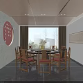 Elegant Private Dining Room With Round Table Wooden Chairs And Chinese Wall Decor 3d model