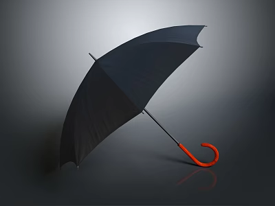 Black Umbrella With Orange Curved Handle For Daily Life Use And Rain Protection 3d model