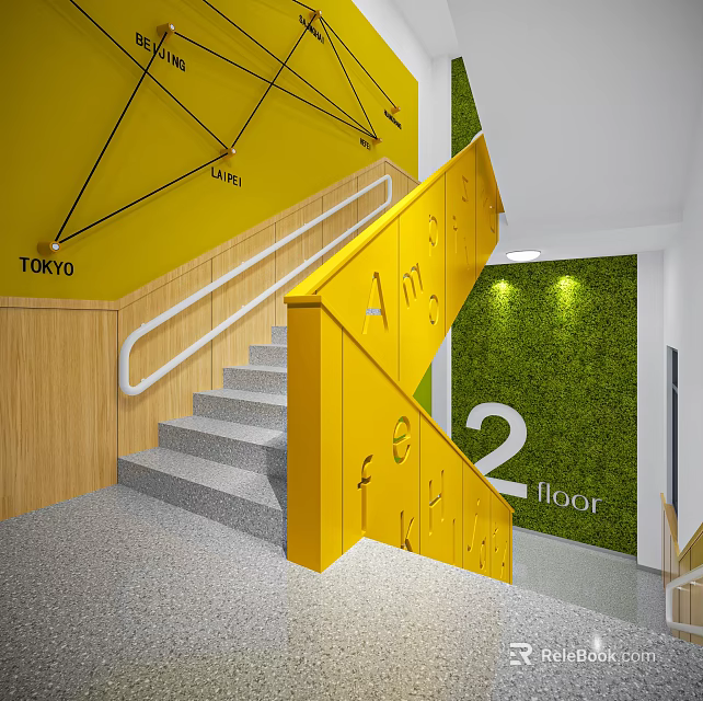Modern Staircase with Yellow Handrail Gray Steps Green Wall Yellow Wall Geometric Lines 2nd Floor 3d model 