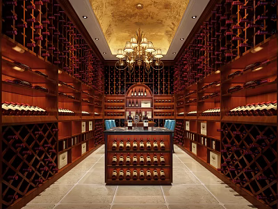 Luxurious Wine Cellar Interior With Wooden Racks Chandelier And Central Wine Storage Cabinet 3d model
