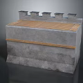 Gray Stone Rectangular Structure With Small Towers On Top And Wooden Plank Top Horizontal Strip