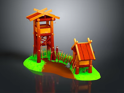 3D Model Wooden Tower And Cabin With Green Grass Brown Path And Fence 3d model