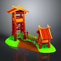 3D Model Wooden Tower And Cabin With Green Grass Brown Path And Fence