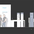 Modern Exhibition Booth Design With Blue White Display Stands And Tables