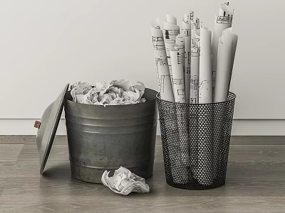Public Facilities Featuring Trash Can Filled With Waste Paper And Blueprint Rolls 3d model