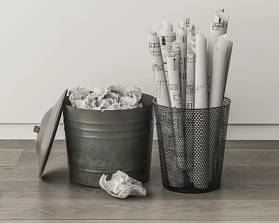 Public Facilities Featuring Trash Can Filled With Waste Paper And Blueprint Rolls 3d model