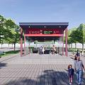 Modern Subway Station Entrance With Red Frame Plaza Area Pedestrians And Green Plants