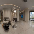 Modern Minimalist Office Reception Lobby With Comfortable Waiting Lounge And Elegant Curved Ceiling Lighting Design