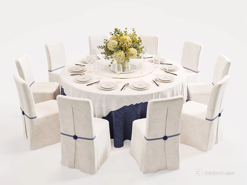 Elegant Round Dining Table Set With White Chairs Flower Centerpiece And Table Settings 3d model