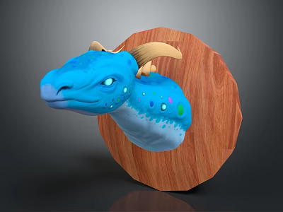 Blue Dragon Head Mounted On Wooden Circular Base With Yellow Horns And Colorful Spots 3d model