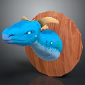 Blue Dragon Head Mounted On Wooden Circular Base With Yellow Horns And Colorful Spots