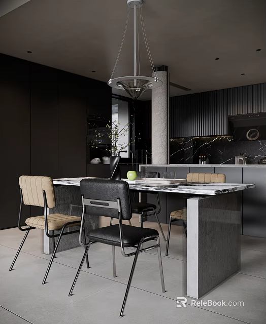 Elegant Modern Restaurant Interior With Marble Dining Table Black And Beige Chairs Pendant Light 3d model 